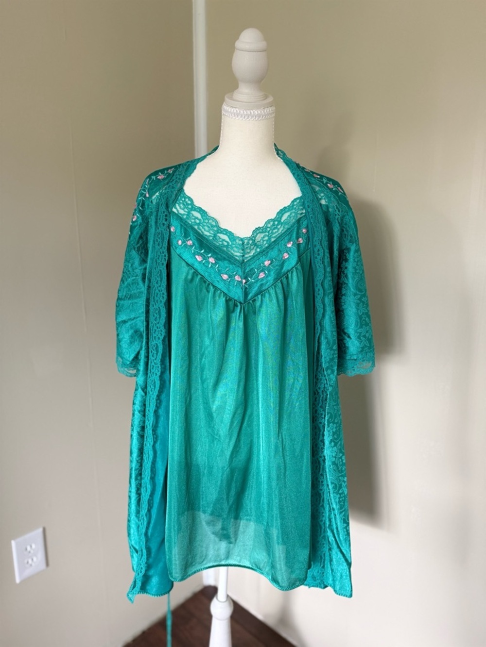 Vintage 70s Stardust Fairycore Emerald Green Teal Chemise Peignoir Set Florets L - Picture 2 of 16